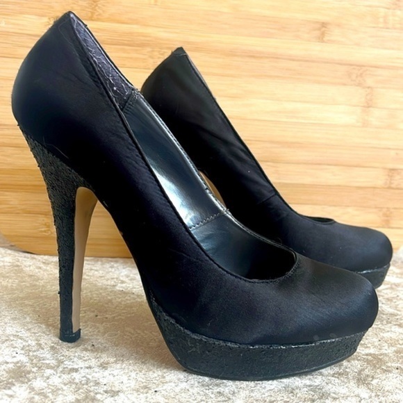 Steve Madden Black 5" High Heels Platform Pumps Satin Black Glitter Sexy Formal - Picture 2 of 16